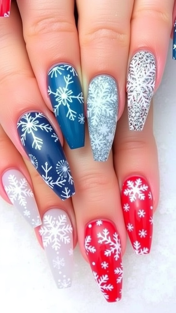 A variety of winter-themed gel nails with snowflakes, glitter, and festive colors.